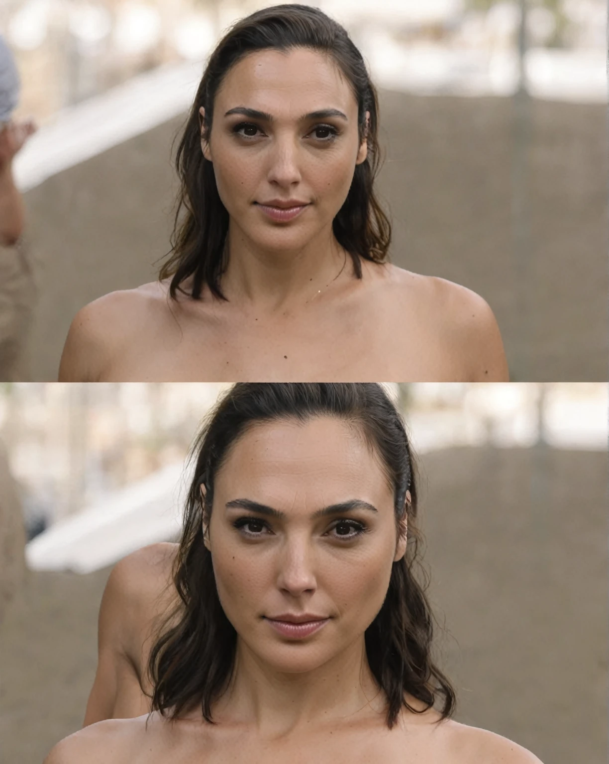 high quality random paparazzi photograph (GalGadot , mother, slim fit figure, flat breast , random angle, broad shoulders, oily skin, erotic angle, ) random erotic photograph , she is wearing a tshirt, walking on beachside streets , random move ,seductive, tired woman ( depth of field, insanely detailed skin texture, extremely detailed face, hyper detailed features )