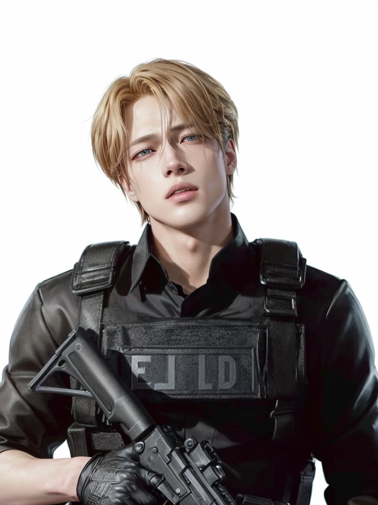 arafed male in a black uniform holding a gun, eldritchpunk, jung jaehyun, johan liebert mixed with alucard, portrait of kpop idol, johan liebert, solid background, brad pitt is leon s. kennedy, park jimin, jimin, hyung tae, armed, in black uniform, concept ard, official fanart, johan liebert mixed with dante