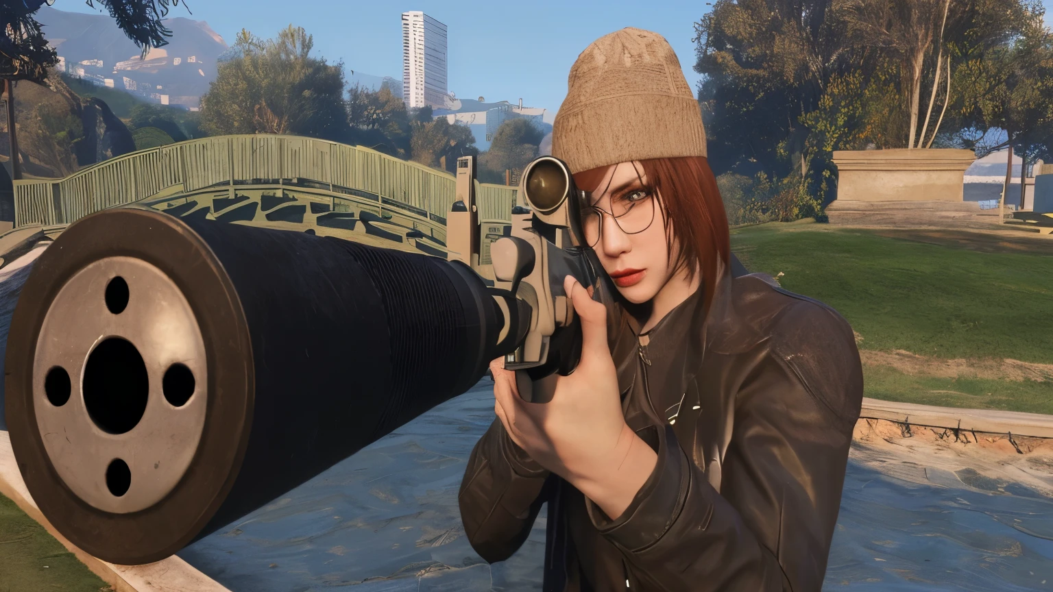 Arafa woman holding a gun and a rifle in a park, Retrato de Max Caulfield, like a GTAV character, photorealistic content, web capture do gta 5, GTA5 style, gta character v, gta character, Ultra-realistic graphics, medium close-up, web capture do gta v, holding a sniper rifle, photo realist, realistic guns, Medium close-up