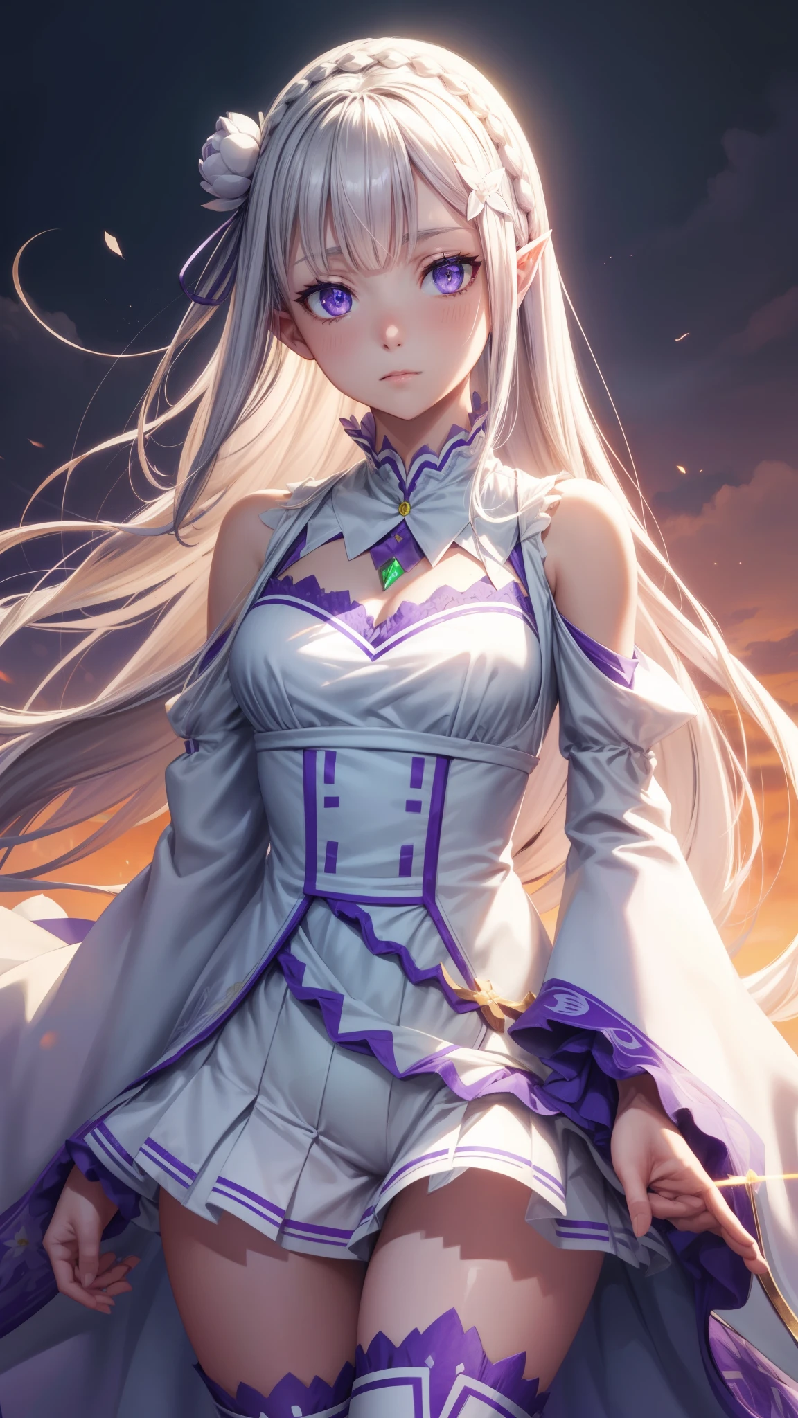 Subscribe to, emilia, weave, Crown braid, flower, hair flower, Hair decoration, love para el cabello, Long hair, pointy ears, (purple eyes:1.2), kana, x Hair decoration,
Collar separado romper, Separate sleeves, Ruffle sleeves, Link raids, long sleeve, mini skirt, Rock plisada, love, Rock, Thigh jumps, white rock, white sleeves, white thighs, wide sleeves, zettai ryouiki,
PEACE in the open air, Stadt,
REST looks at the viewer, romper (masterpiece:1.2), The best quality, high resolution, Unity 8k wallpaper, (Illustration:0.8), (beautiful detailed eyes:1.6), extremely detailed face, perfect lightning, extremely detailed CG, (perfect hands, perfect anatomy),