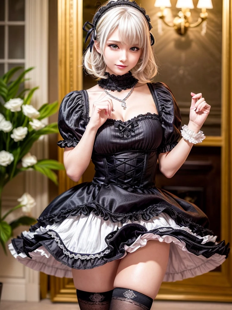 (8K, Photorealistic, Raw photo, of the highest quality: 1.3), (1girl in), Super beautiful, (Realistic face), (boyish, Silver Color Berry Shorthair), Beautiful , Glare that captivates the viewer, Beautiful expression, Beautiful breasts, (Realistic skin), Be...Super high quality, super high definition, super detailed, masterpiece, 20years old, female, cute, perfect face, beautiful, nice body, gothic lolita clothes, gothic lolita fashion, frilly skirt, headdress, necklace, bracelet, knee-high socks, boots, double eyelids, tear bags, Detailed down to the fingers, photo-like description, indoors, dim indoor lighting, blonde hair, short bob, standing, whole body, composition that shows the whole body, smiling