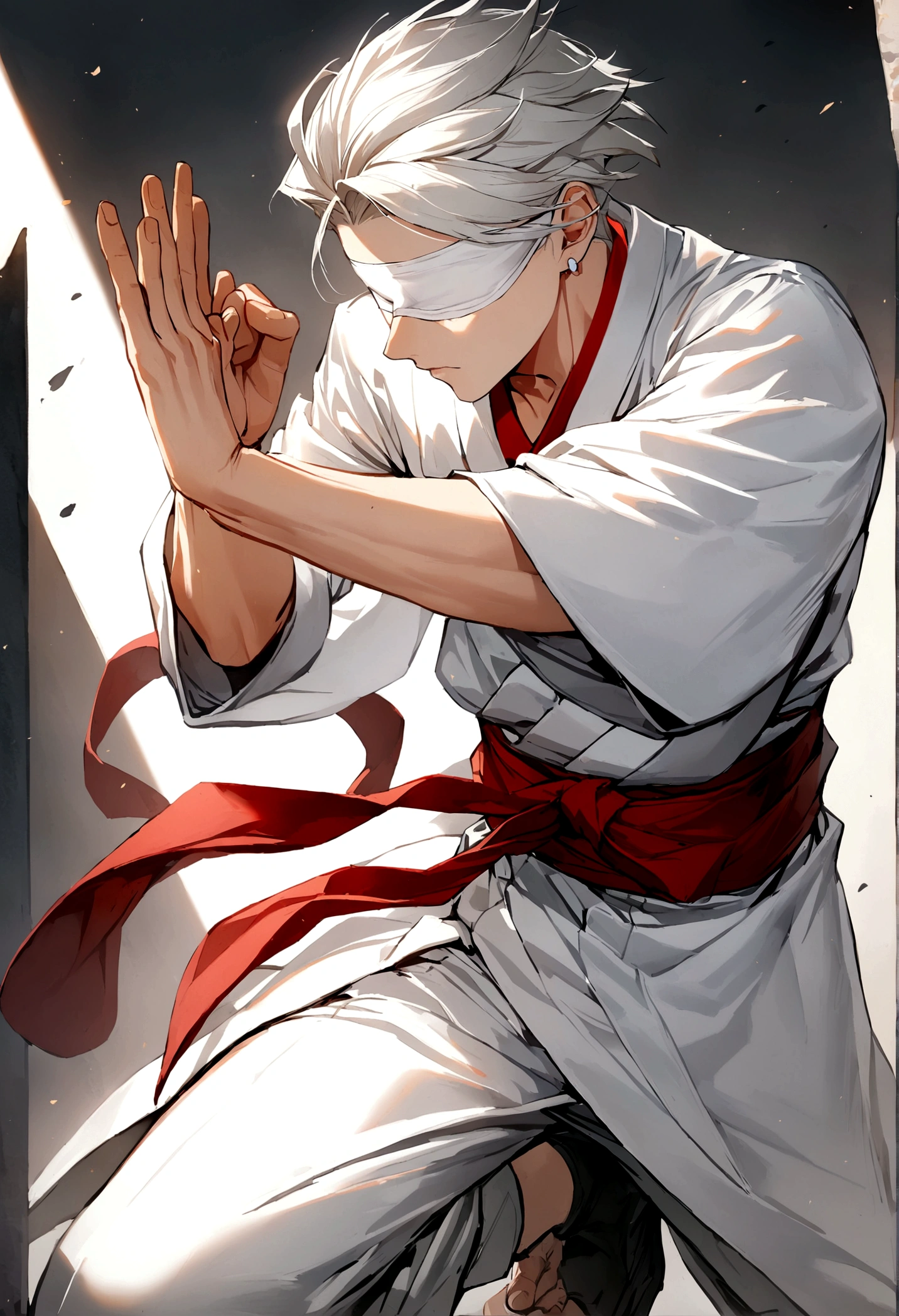 1 boy, rs old, white blindfold, short white hair, kimono branco, white earrings, red band on forearms, combat stance.