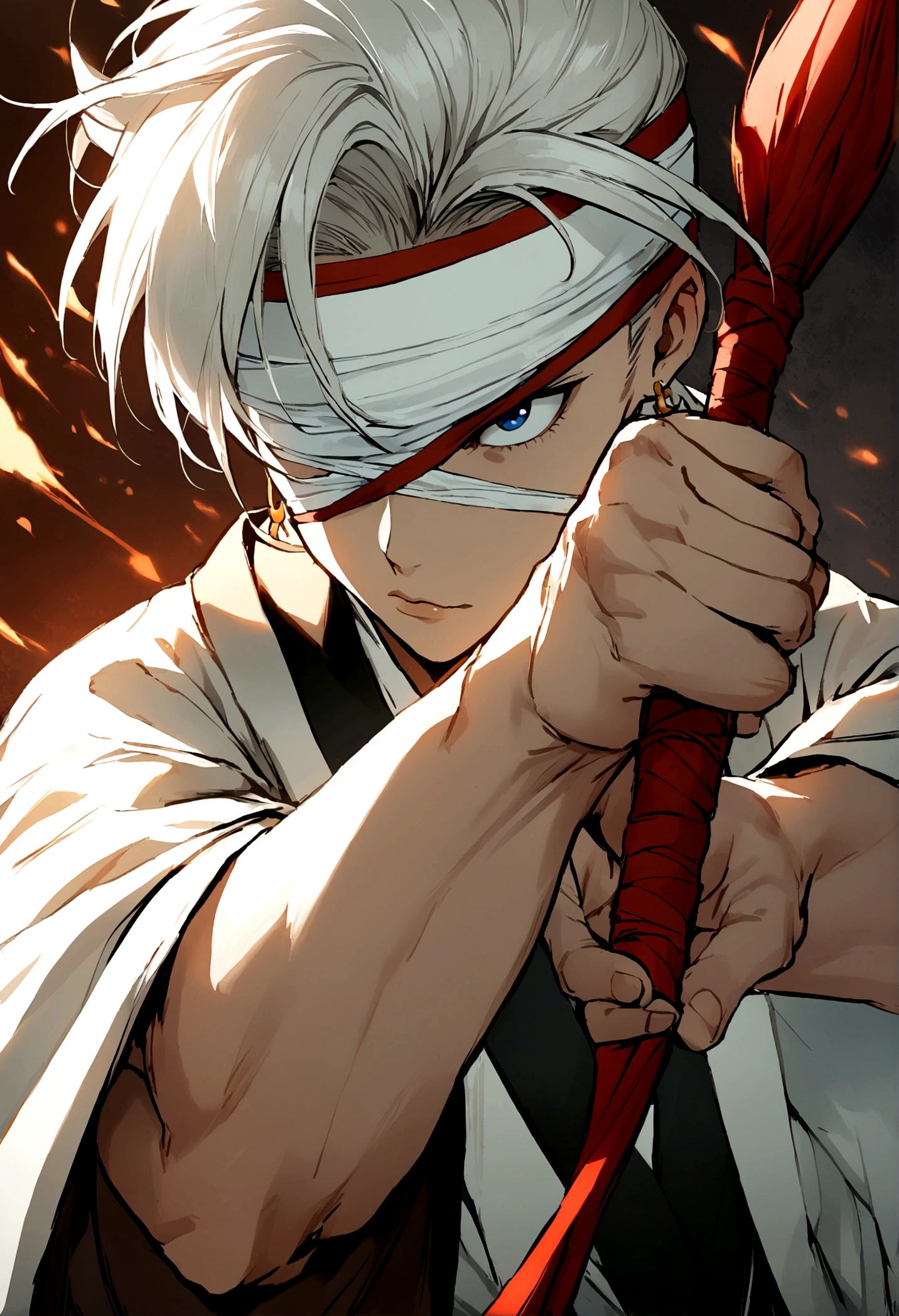 1 boy, 16 yrs old, white blindfold, short white hair, kimono branco, white earrings, red band on forearms, combat stance.