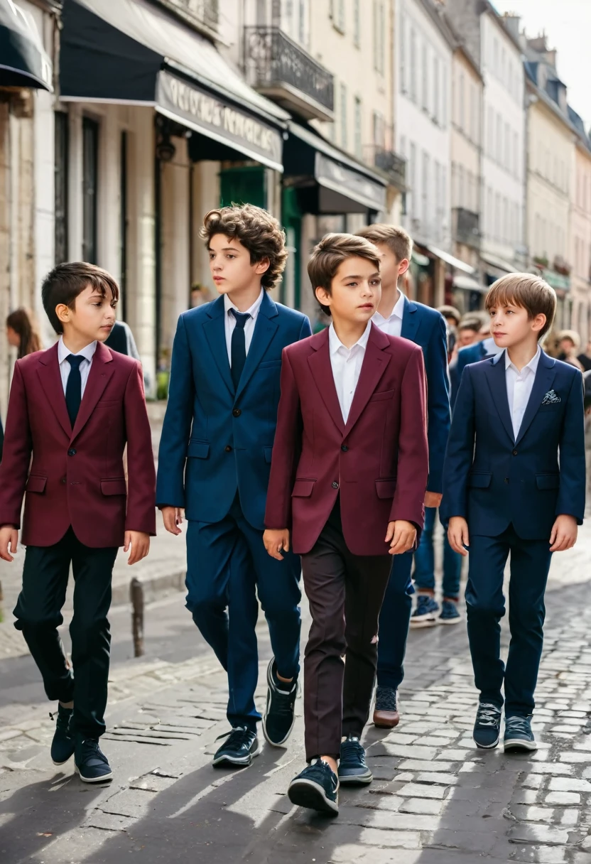 Group of boys of age 20 , walking on streets in daylight in burgundy blazer suit