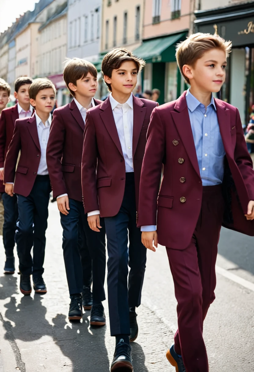 Group of boys of age 20 , walking on streets in daylight in burgundy blazer suit