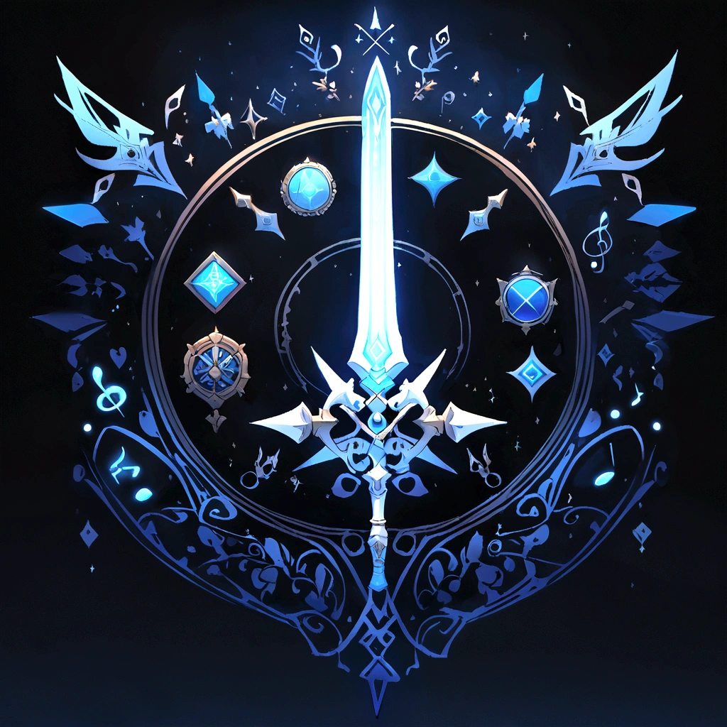 (UI interface design for game achievement badges),silver sword,Flat 2D effect,musical notes,Sword and magic, color blue, black background