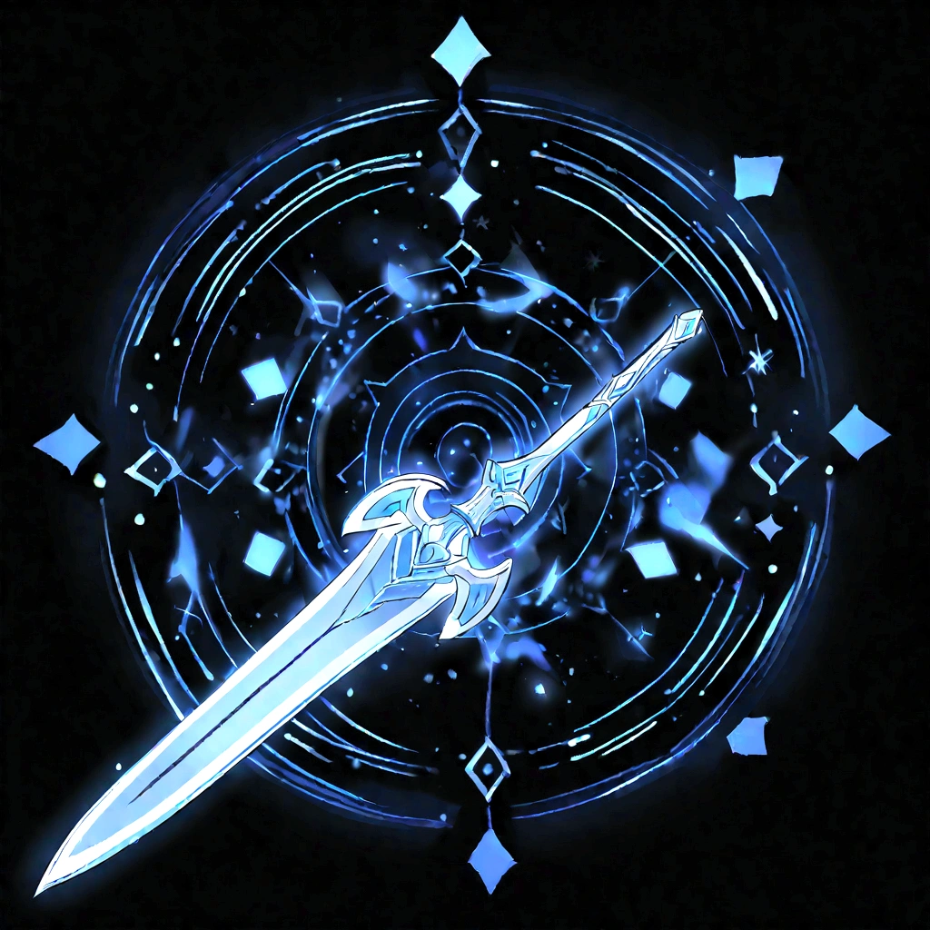 （UI interface design for game achievement badges），silver sword，Flat 2D effect，musical notes,Sword and magic, color blue, black background