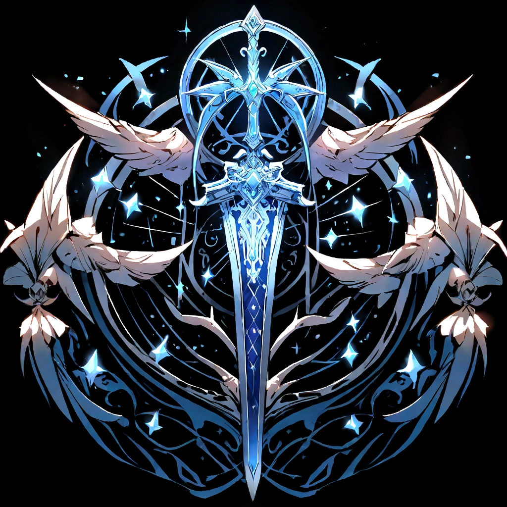 (UI interface design for game achievement badges),silver sword,Flat 2D effect,musical notes,Sword and magic, color blue, black background
