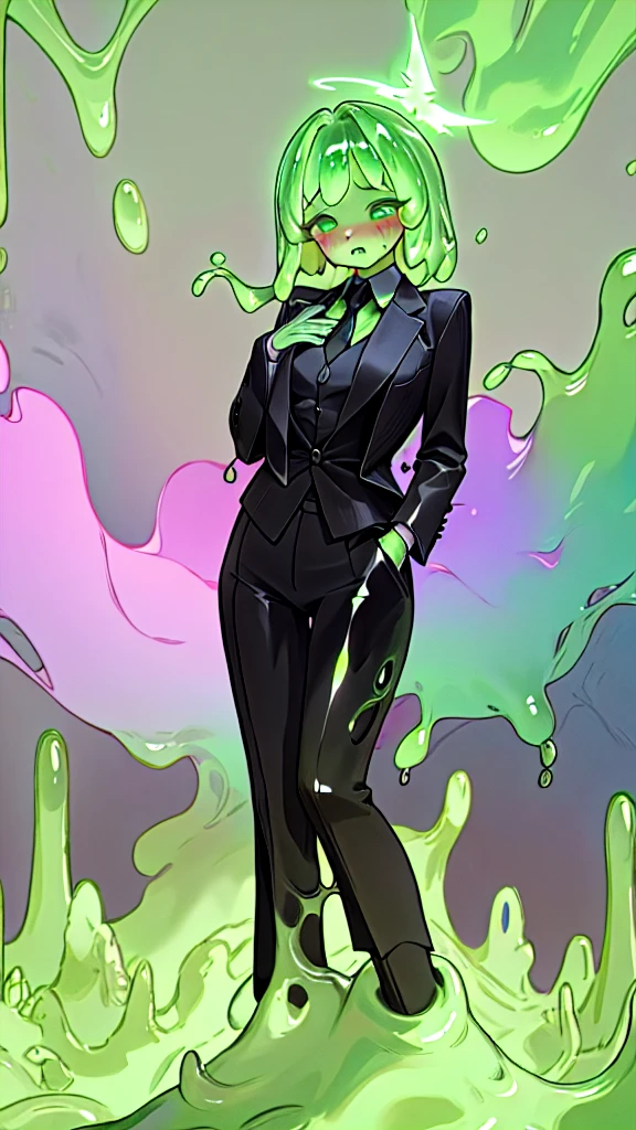 Office background, a beautifully detailed slime girl with luminous green eyes, blushing cheeks, shocked expression, standing gracefully in a masterpiece-level illustration, ultra-detailed and high-resolution, 1boy, black business suit, office background, 8k, hyper-realistic, cinematic lighting, dramatic composition, intricate details, vibrant colors, fantasy, surreal, ethereal