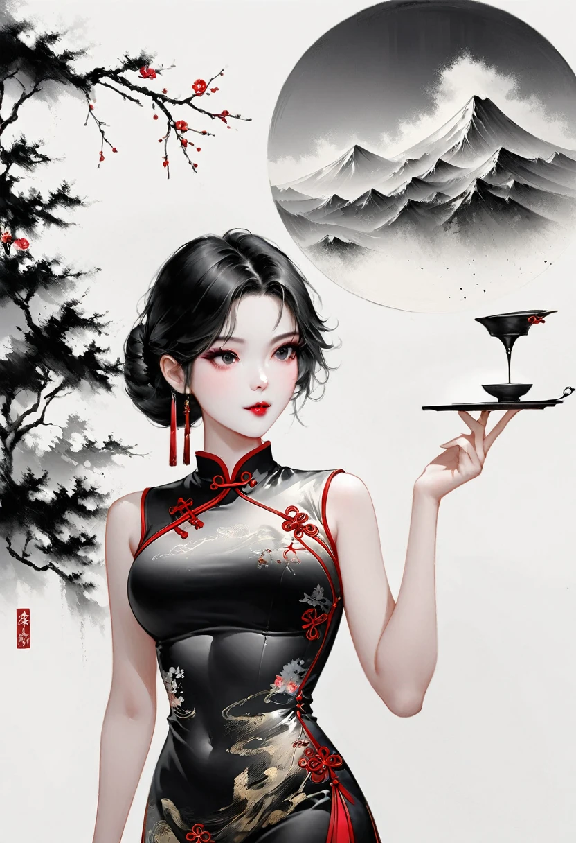 (Lots of white space:1.5)，(Lots of white space around:1.6), White background, simple, Minimalism, abstract,Freehand，Aesthetic，black and white，Ink Painting，antiquity，a mountain，A girl drinking tea in the distance，(cheongsam:1.7),A beautiful artistic illustration, author：Li Song, Arte no estilo de Guweiz, arte shin jinyoung, Obra-prima de Guweiz, Ross chart 1. 0, Beautiful digital illustrations, Inspired by non-WLOP, Cute and cute digital art, jingna zhang, Guweiz, Stunning digital illustrations