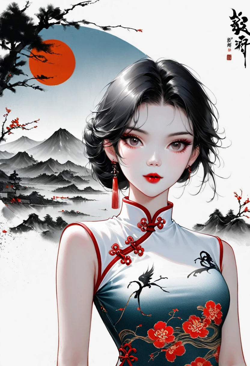 (Lots of white space:1.5),(Lots of white space around:1.6), White background, simple, Minimalism, abstract,Freehand,Aesthetic,black and white,Ink Painting,antiquity,a mountain,A girl drinking tea in the distance,(cheongsam:1.7),A beautiful artistic illustration, author:Li Song, Arte no estilo de Guweiz, arte shin jinyoung, Obra-prima de Guweiz, Ross chart 1. 0, Beautiful digital illustrations, Inspired by non-WLOP, Cute and cute digital art, jingna zhang, Guweiz, Stunning digital illustrations