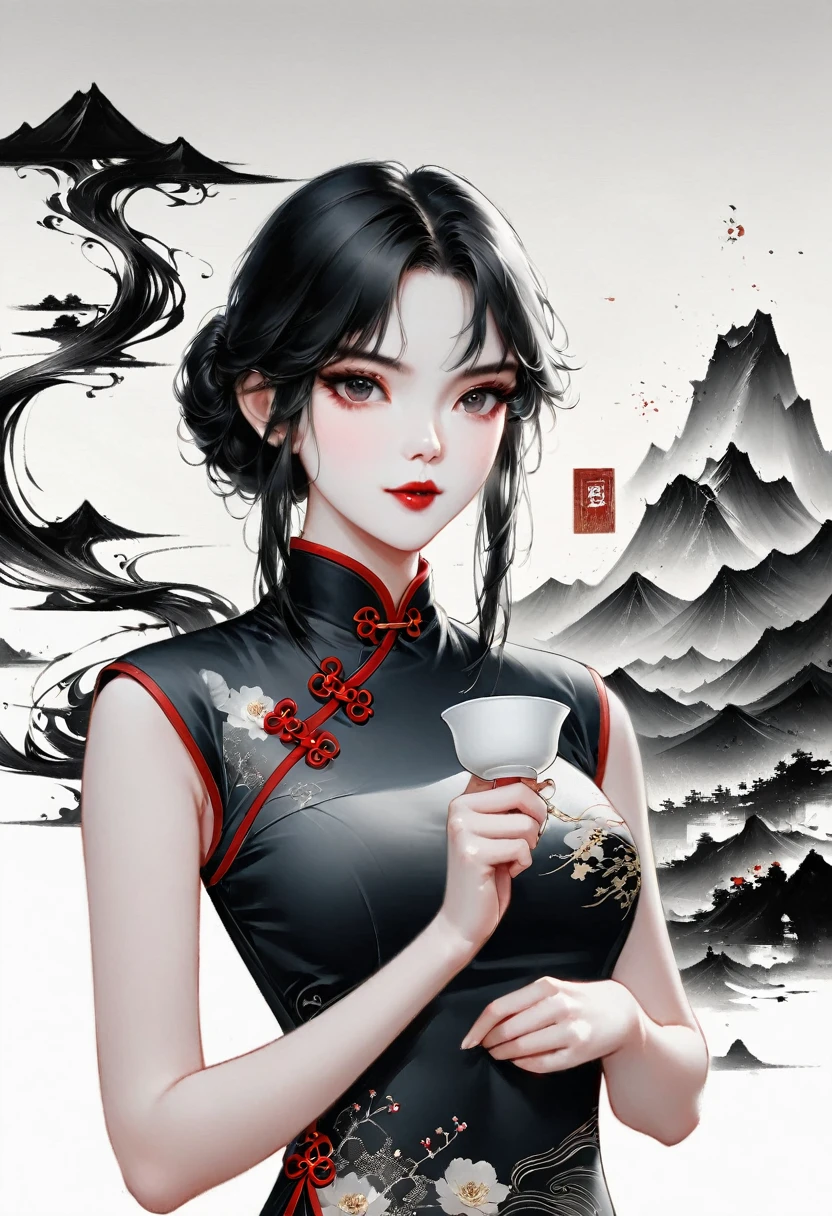 (Lots of white space:1.5)，(Lots of white space around:1.6), White background, simple, Minimalism, abstract,Freehand，Aesthetic，black and white，Ink Painting，antiquity，a mountain，A girl drinking tea in the distance，(cheongsam:1.7),A beautiful artistic illustration, author：Li Song, Arte no estilo de Guweiz, arte shin jinyoung, Obra-prima de Guweiz, Ross chart 1. 0, Beautiful digital illustrations, Inspired by non-WLOP, Cute and cute digital art, jingna zhang, Guweiz, Stunning digital illustrations