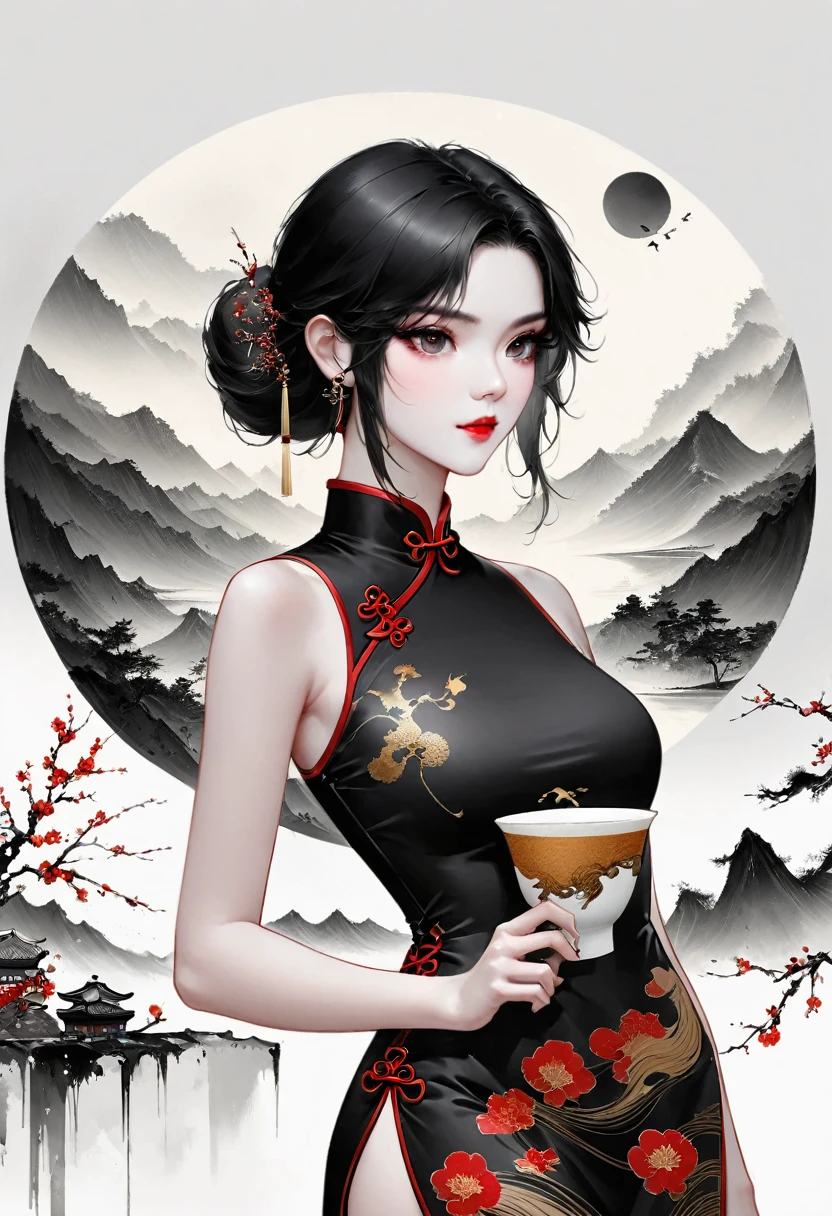 (Lots of white space:1.5),(Lots of white space around:1.6), White background, simple, Minimalism, abstract,Freehand,Aesthetic,black and white,Ink Painting,antiquity,a mountain,A girl drinking tea in the distance,(cheongsam:1.7),A beautiful artistic illustration, author:Li Song, Arte no estilo de Guweiz, arte shin jinyoung, Obra-prima de Guweiz, Ross chart 1. 0, Beautiful digital illustrations, Inspired by non-WLOP, Cute and cute digital art, jingna zhang, Guweiz, Stunning digital illustrations