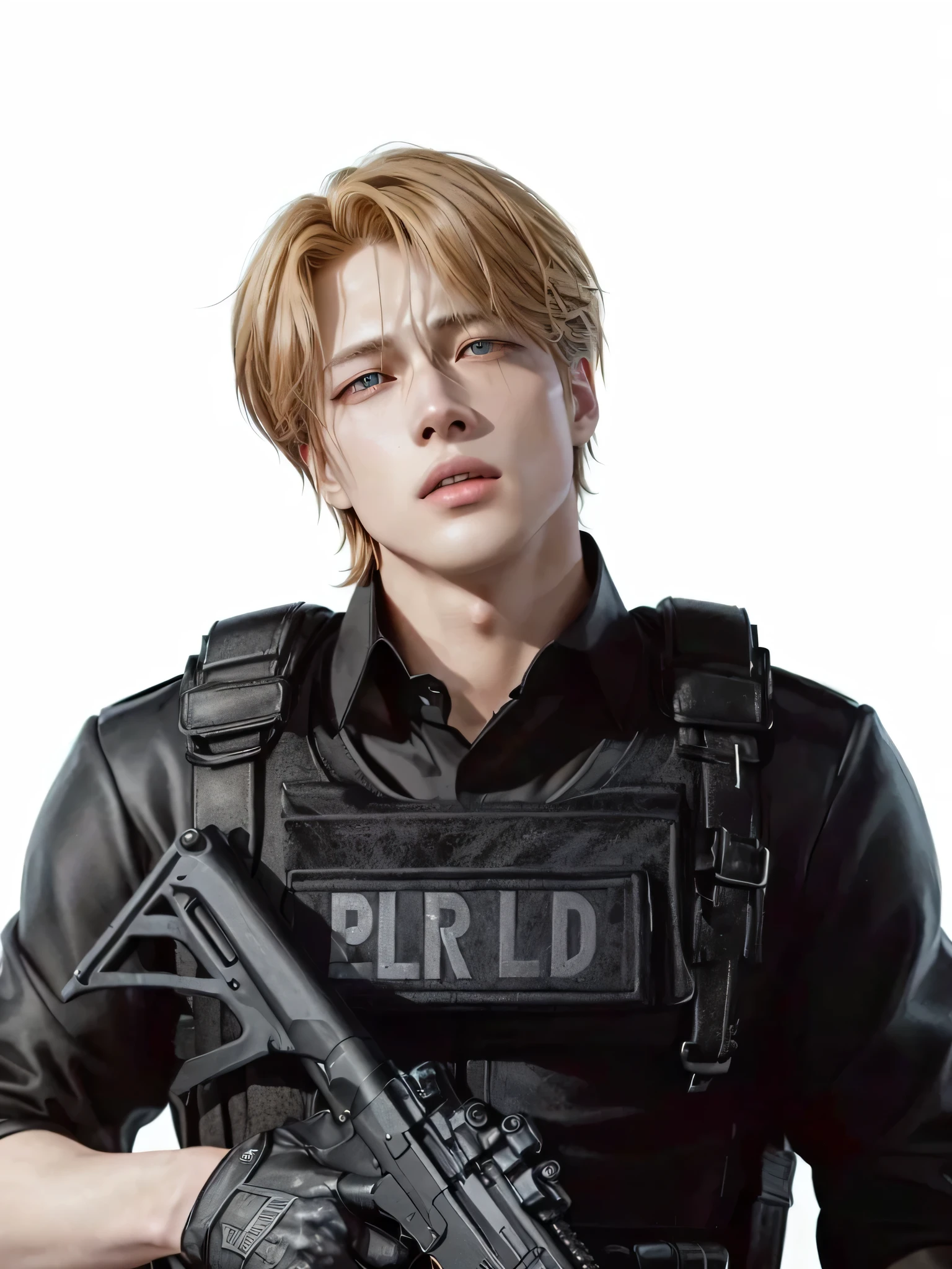 arafed male in a black uniform holding a gun, eldritchpunk, jung jaehyun, johan liebert mixed with alucard, portrait of kpop idol, johan liebert, solid background, brad pitt is leon s. kennedy, park jimin, jimin, hyung tae, armed, in black uniform, concept ard, official fanart, johan liebert mixed with dante