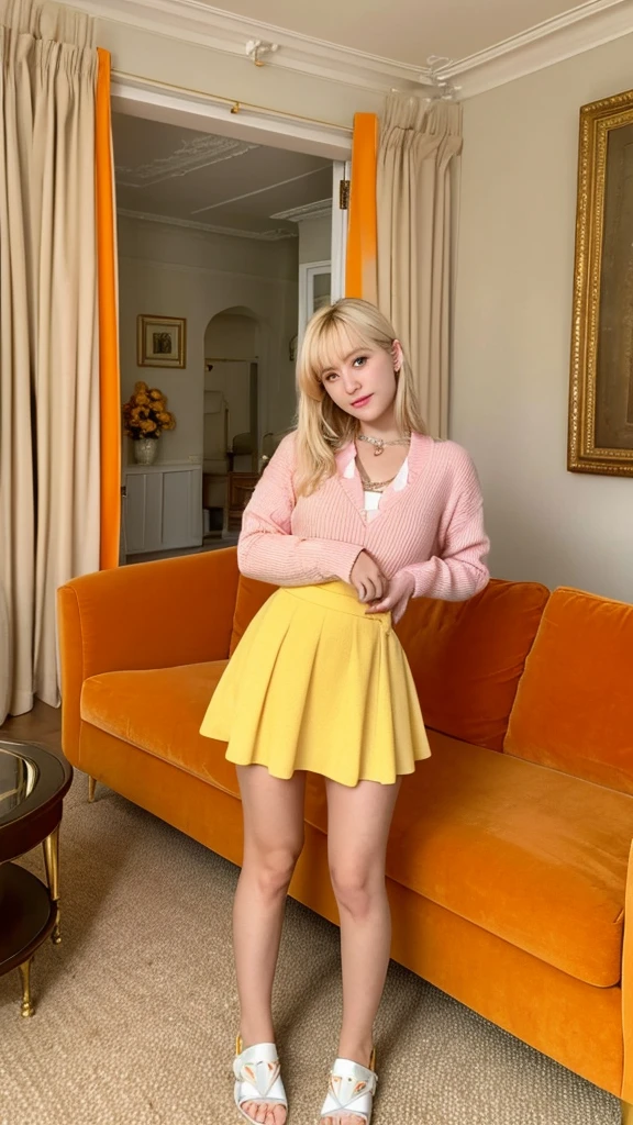 a blonde crespa,ucranian 18 years in a yellow dress,mini skirt,cleavsge,metálic collar pet, posing for a picture in a living room with a white couch and a orange curtain, private press, , a hologram, pink
