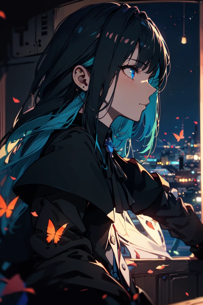 Beautiful hands, Beautiful dresasterpiece, (best quality:1.2), intricate details, ado, 1girl, multicolored hair, long hair, collared shirt, jacket, bangs, long sleeves, blue flower, (mature female:1.2), Ado, (dark blue hair, light blue inner), extra long hair, straight hair, blue eyes, slanted eyes, white inner shirt, (long black jacket, long black pants),  (masterpiece, best quality:1.2), intricate details, ado, 1girl, multicolored hair, long hair, collared shirt, bangs, long sleeves, blue flower, (mature female:1.2), Stars and comets pass by in the open sky, Beautiful Clouds, A tree with glowing fireflies and butterflies々, (Ultra-realistic), {Highly detailed CG unit 8k wallpaper}, Vast landscape photography, (View from below with a panoramic view of the sky, vast open field vision), (Low angle shot), (Light: 1.5), (warm Light source: 1.2), Intricate details, (Rainbow colors: 1.2), (bright Lighting), (atimospheric Lighting), dream-like, Magic, fairy tale