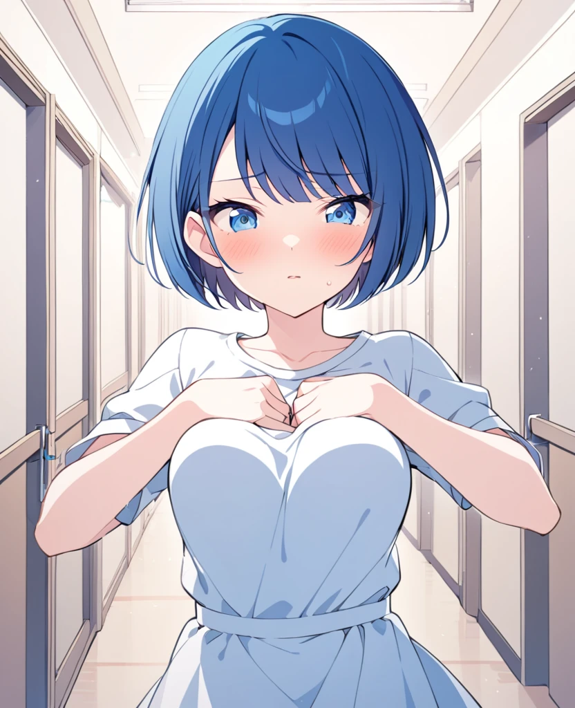 One girl,alone,kiritani haruka,Blue Hair,Blue Eyes,project sekai,Short Hair,cute,cute,nsfw,shirt,corridor,Breasts massaged by hands,Embarrassing