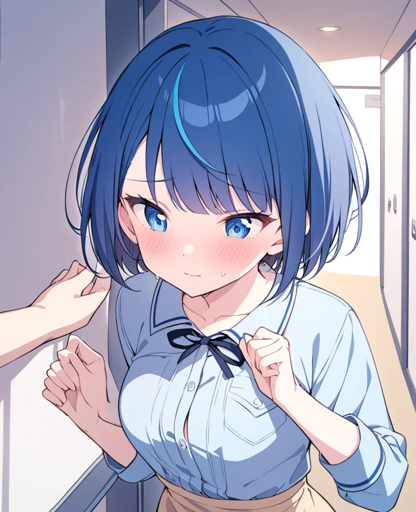 One girl,alone,kiritani haruka,Blue Hair,Blue Eyes,project sekai,Short Hair,cute,cute,nsfw,shirt,corridor,Having my breasts massaged,Embarrassing