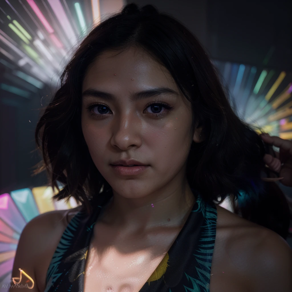 made full portrait unique photography with light and painting. Using Fluorescent materials to form abstract patterns that are implemented on the pretty japanese women face with dynamic pose. Phosphorescent materials store light and release it slowly. glow in the dark, prism rainbow effect, Ultra highly detailed, skin texture, detailed art, neon glow backround, Realistic Portrait by Arnau Mas