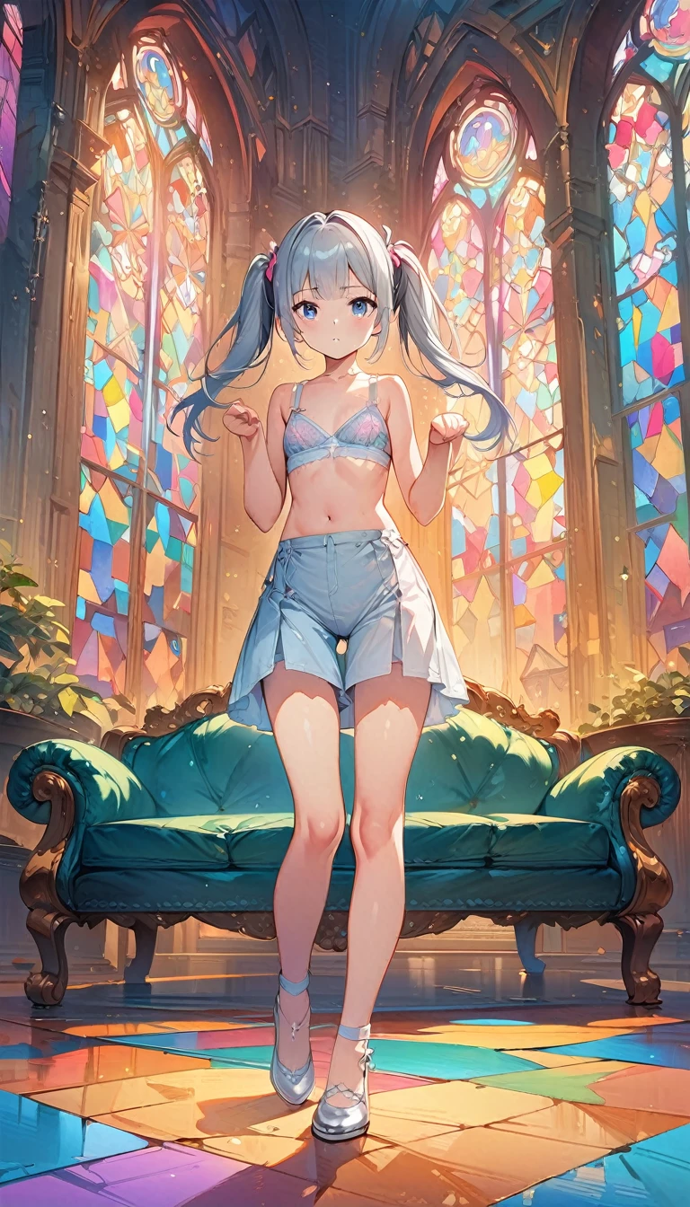 (masterpiece:1.8),(Highest quality:1.8),(Very detailed:1.8),(8k:1.8),(Ultra-fine Illustration:1.5),,,Straight low twintail,Flat Chest,Small Ass,(High-grade metallic silver,,lingerie:1.4),(Prayer Pose:1.5),Vintage sofa,,(Full body angle), Stained glass, Rainbow Gradient, Foundation, (bra:1.3), (lingerie,culottes:1.3),