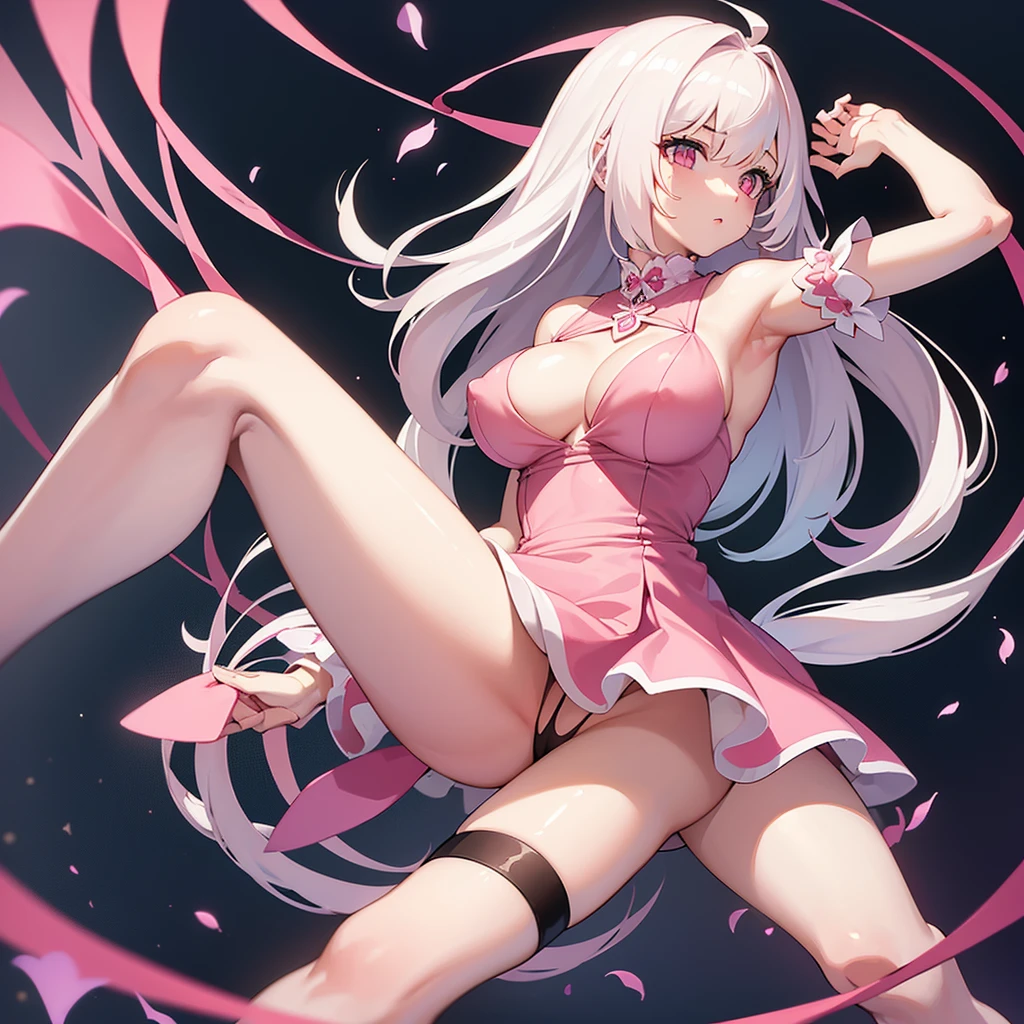 A girl with long white hair with pink,with a very short dress,with big nipples, showing her legs