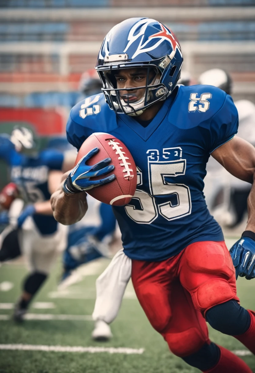 American football player with blue uniform, helmet, number 35 printed on the front of the shirt. with ball in hand at speed, close-up.