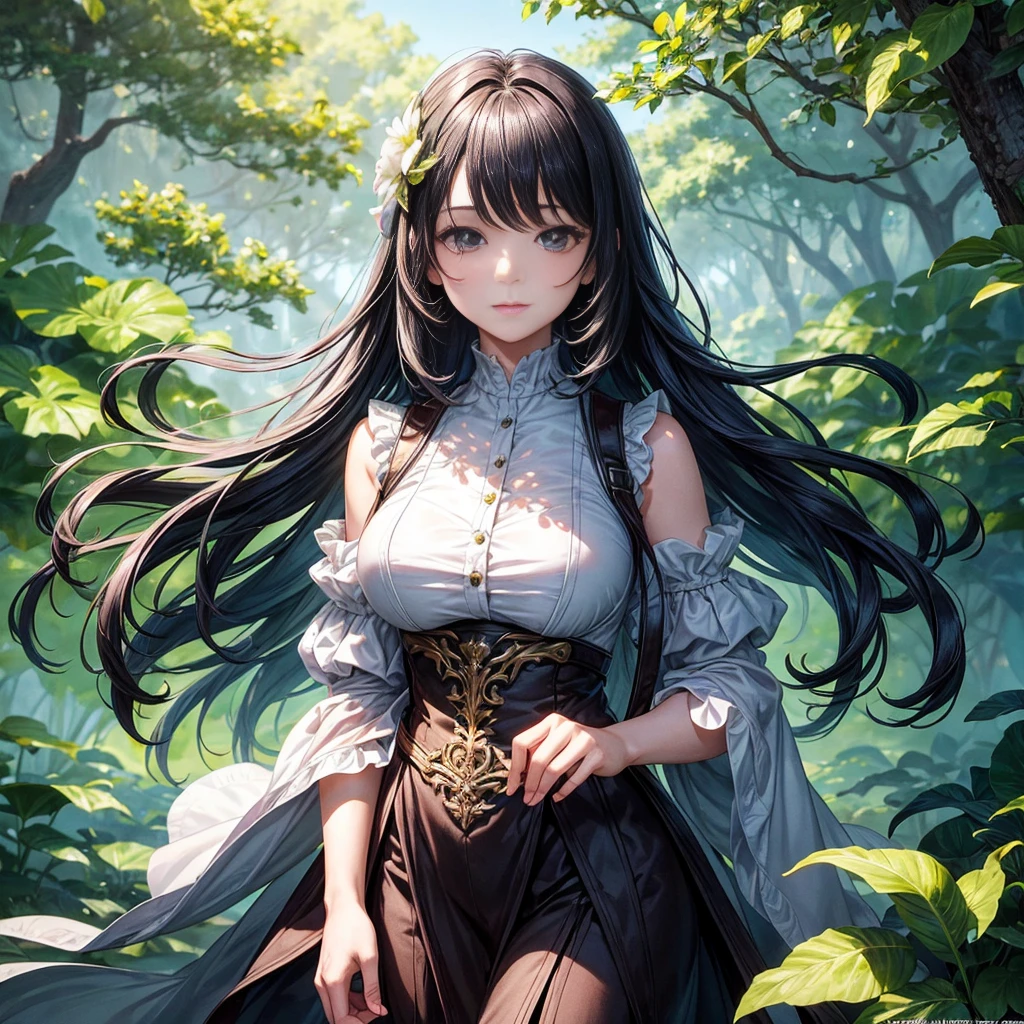 (Masterpiece of Highest Quality)
1 Girl, Smart, Beautiful Face with intricate details, Disheveled Hair cascading loosely, floating and shining under the High Chroma sunlight filtering through the trees. The figure is depicted in a serene setting amidst nature, showcasing a Girl in Love, with a big, radiant smile. This Pixiv illustration, created by an unspecified artist, displays beautiful attention to detail, focusing primarily on the face and its surrounding features. The black hair, adorned with bangs, adds a touch of elegance to the overall composition, making it a truly captivating piece.
