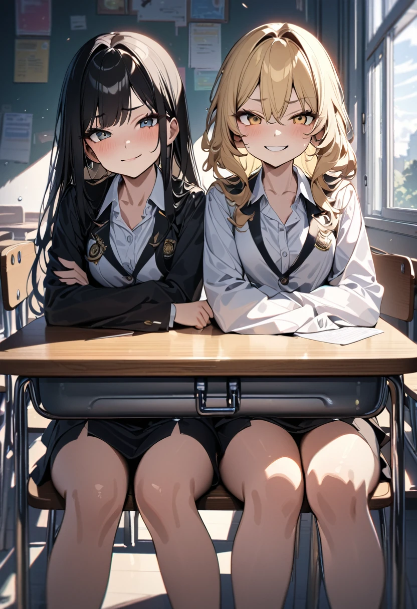 (award winning, 8k, super detailed, high resolution, best quality) , photography, (two girls), one girl with blonde hair, other girl with black hair, (sitting side by side at desk), ((beautiful girls)), set in classroom.