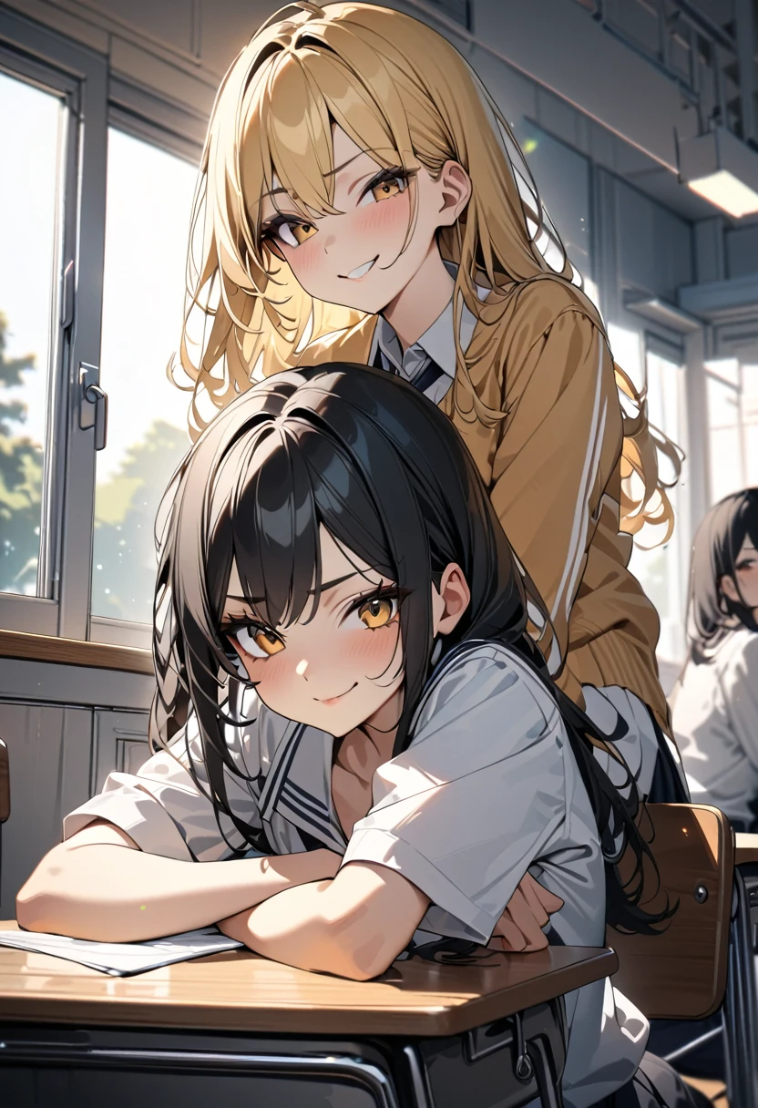 (award winning, 8k, super detailed, high resolution, best quality) , photography, (two girls), girl on the left with blonde hair and smirk expression, girl on the right with black hair and (timid expression), (sitting side by side at desk), ((beautiful girls)), set in classroom.
