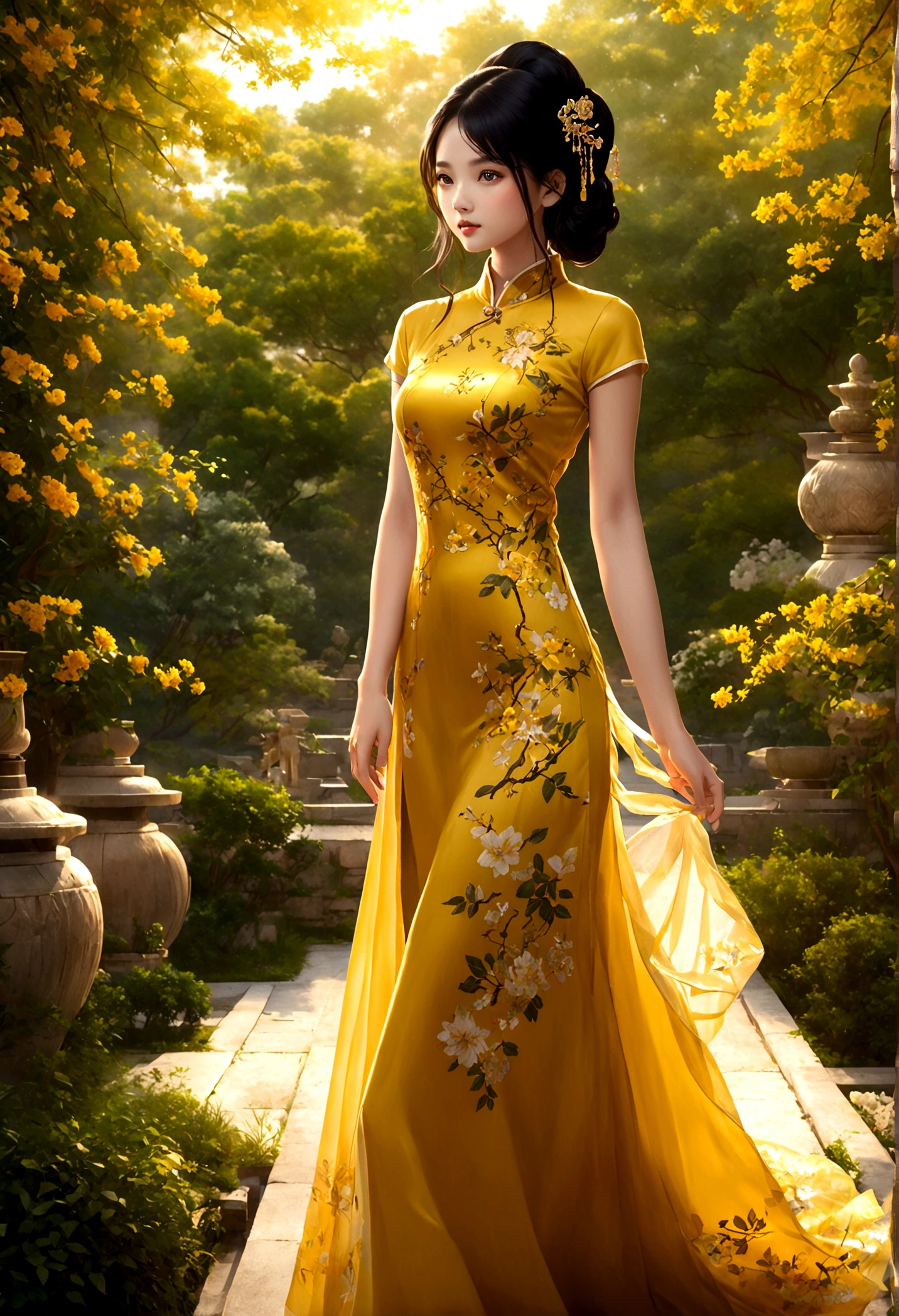 1girl, Cheongsam, Qipao, A woman wearing a beautiful yellow cheongsam, long black hair, elegant, graceful pose, detailed facial features, glowing skin, ornate jewelry, outdoor garden setting, sunlight filtering through trees, lush greenery, intricate floral patterns, cinematic lighting, highly detailed, 8k, masterpiece, best quality, very aesthetic, absurdres