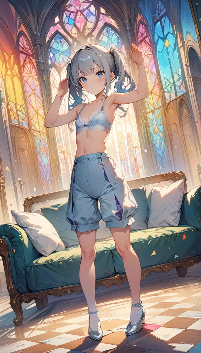 (masterpiece:1.8),(Highest quality:1.8),(Very detailed:1.8),(8k:1.8),(Ultra-fine Illustration:1.5),,,Straight low twintail,Flat Chest,Small Ass,(High-grade metallic silver,,lingerie:1.4),(Prayer Pose:1.5),Vintage sofa,,(Full body angle), Stained glass, Rainbow Gradient, Foundation, (bra:1.3), (lingerie,culottes:1.3),