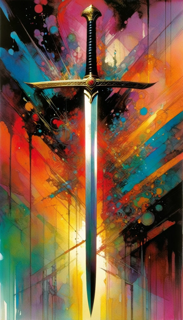 sword, artwork inspired by Bill Sienkiewicz, vivid colors, intricate details, oil.
