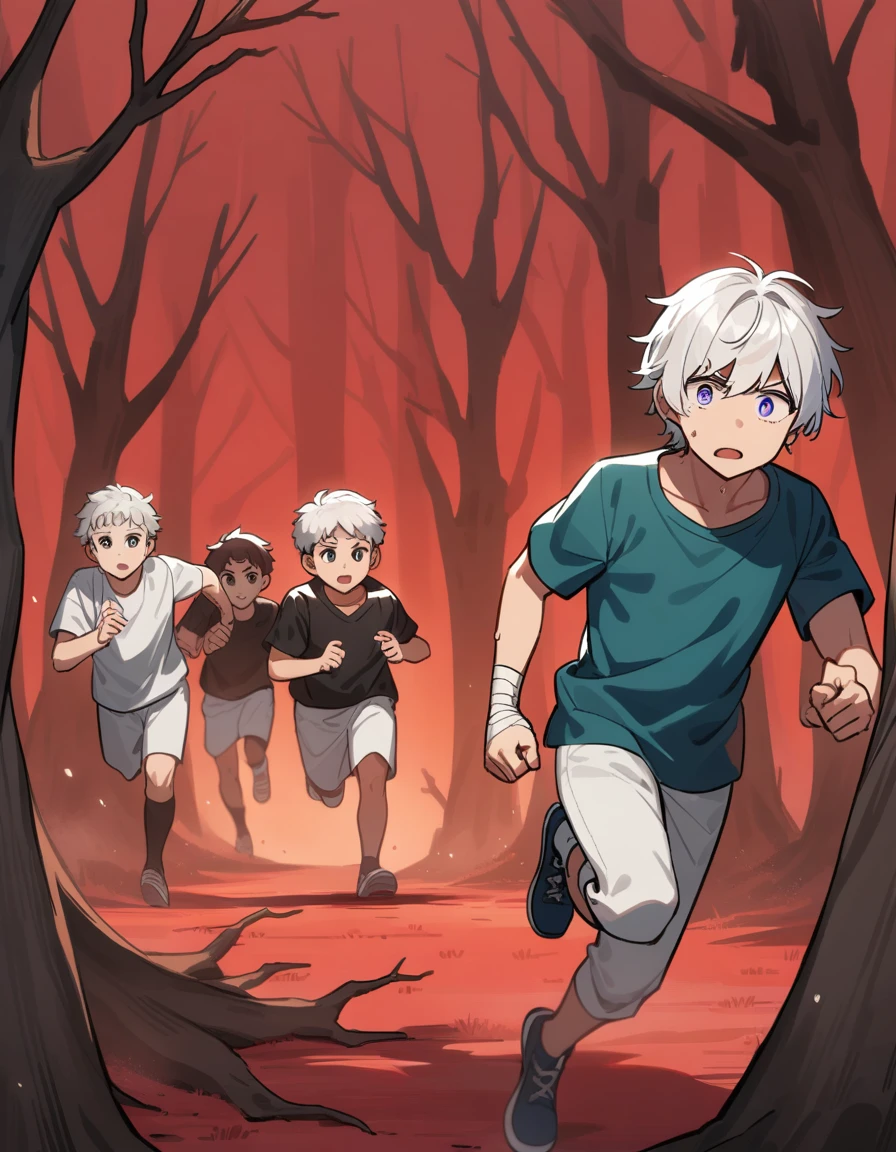 little Greek boy with white hair, violet eyes, with bandaged wrists, sweating and running in a red forest with dead trees