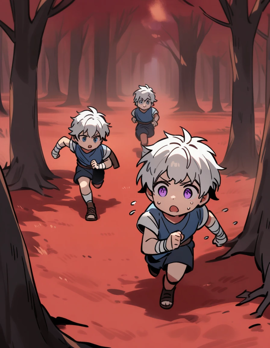  Greek boy wiwhite hair, violet eyes, with bandaged wrists, sweating and running in a red forest with dead trees