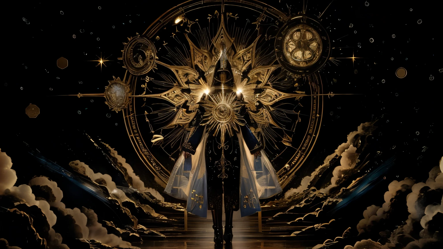 there's a man standing in front of a clock with a sun on it, astral appearance, ethereal astral, mystical alchemical occult art, an alchemical art illustration, Esoteric Art, antediluvian occult cosmology, astral plane, abstract hidden epic composition, ascended, astral patterns, Gnostic, esoteric symbolism, Viagem Astral, cosmic illumination