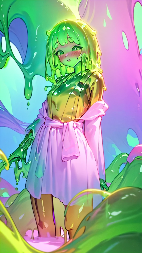 Office background, a beautifully detailed slime girl with luminous green eyes, blushing cheeks, shocked expression, standing gracefully in a masterpiece-level illustration, ultra-detailed and high-resolution, office background, 8k, hyper-realistic, cinematic lighting, dramatic composition, intricate details, vibrant colors, fantasy, surreal, ethereal