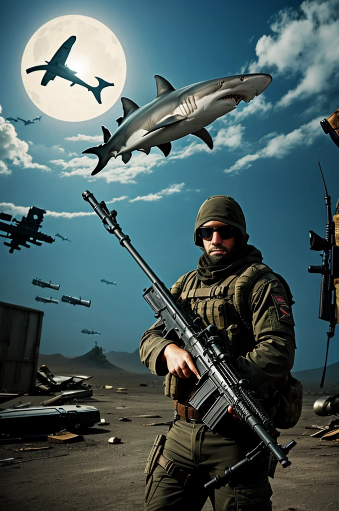 Shark with rifle apocalyptic background