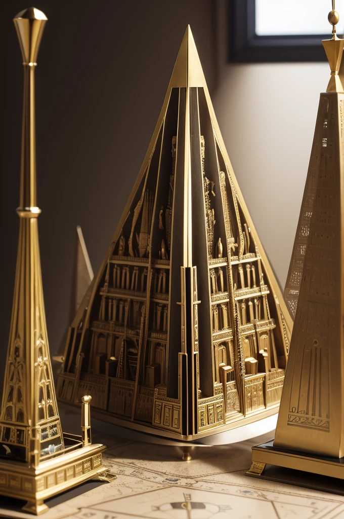 Create an image of a model that on one side has the Egyptian pyramids and on the other a ship at sea and in the middle a pendulum clock