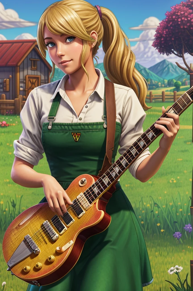 Image of farmer coolgirl anime applejack green eyes Ponytail hairstyle bronde playing solo electricguitar les paul in stardew valley