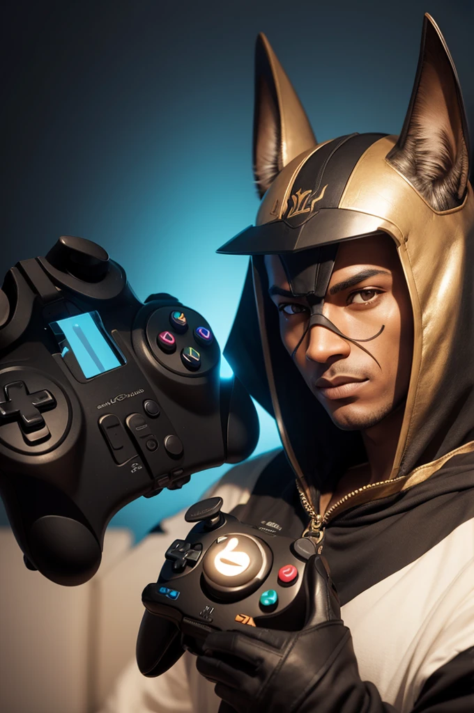 Anubis face holding a video game controller