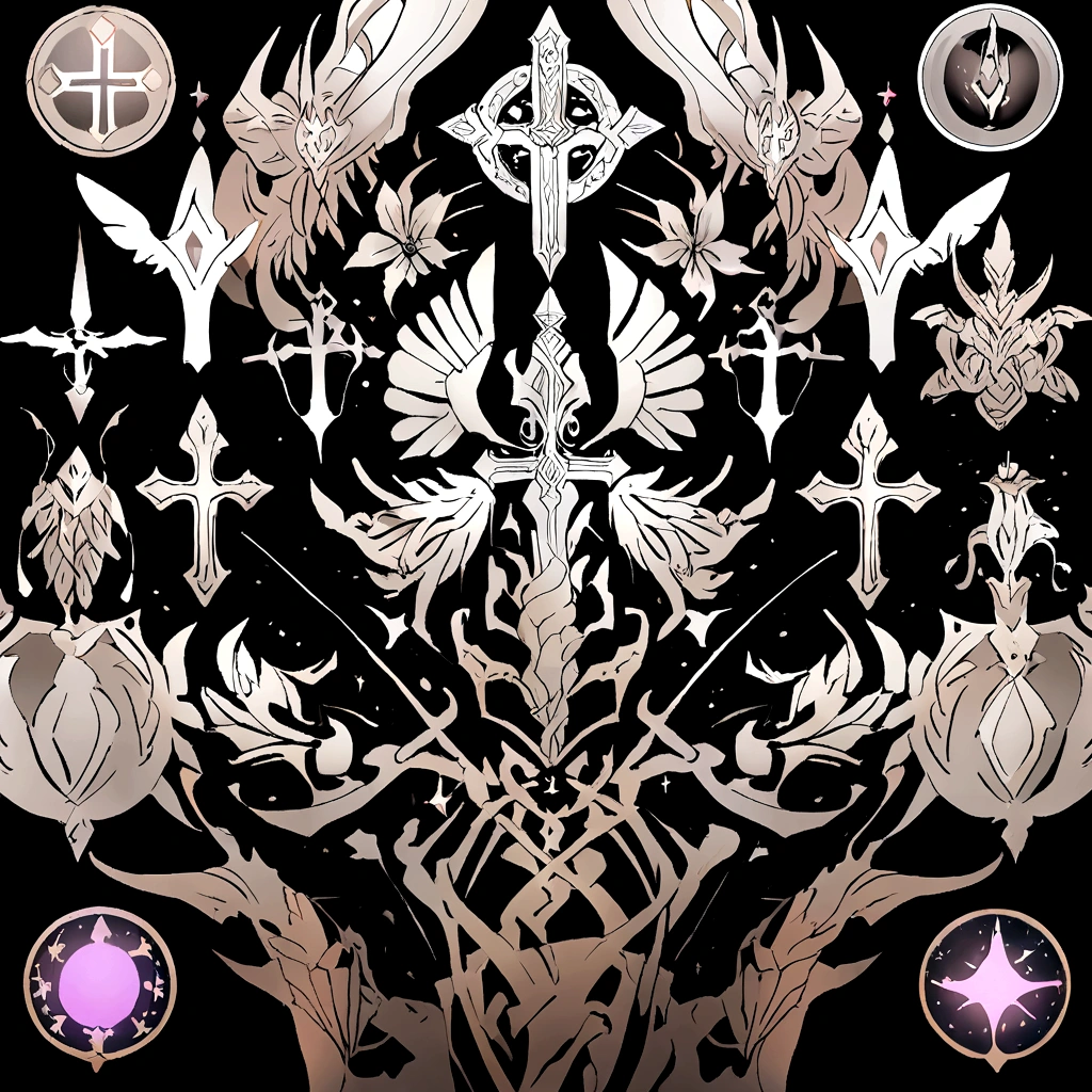 (UI interface design for game achievement badges),silver sword,Flat 2D effect,holy, bible,Sword and magic, color white, black background