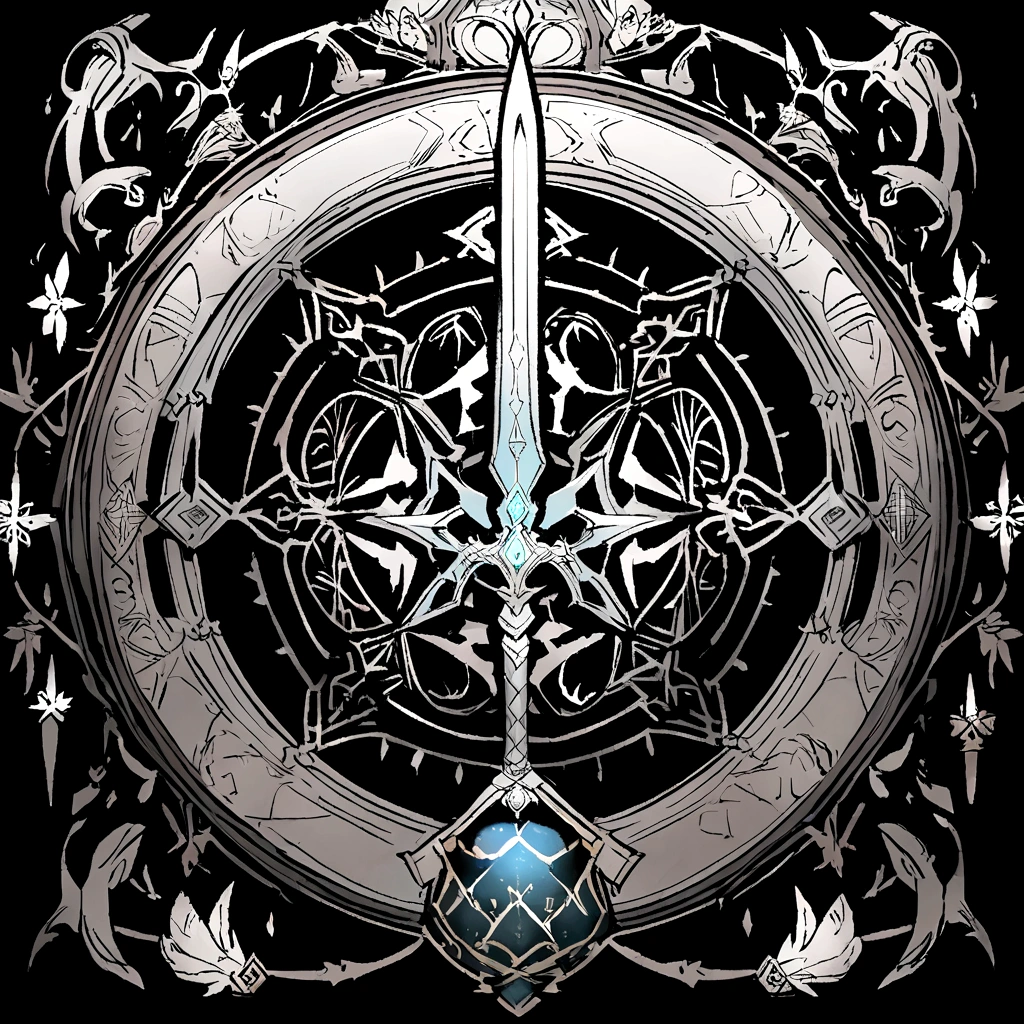 (UI interface design for game achievement badges),silver sword,Flat 2D effect,holy, bible,Sword and magic, color white, black background