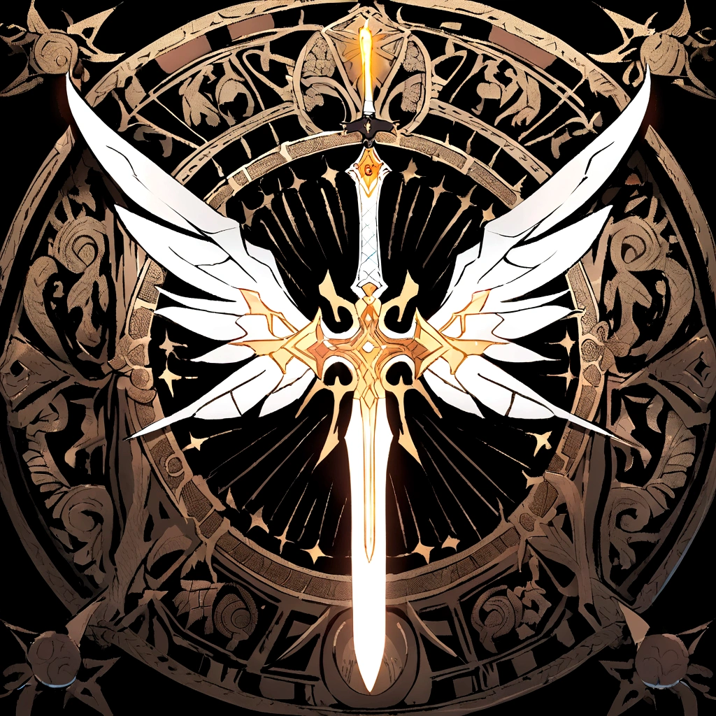(UI interface design for game achievement badges),silver sword,Flat 2D effect,holy, bible,Sword and magic, color white, black background