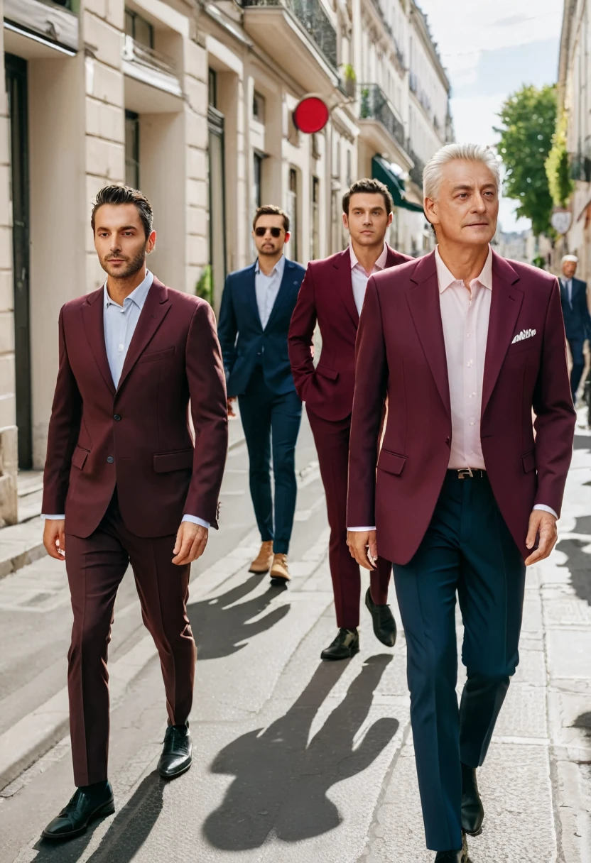 Group of adult men of age 25, walking on streets in daylight in burgundy blazer suit