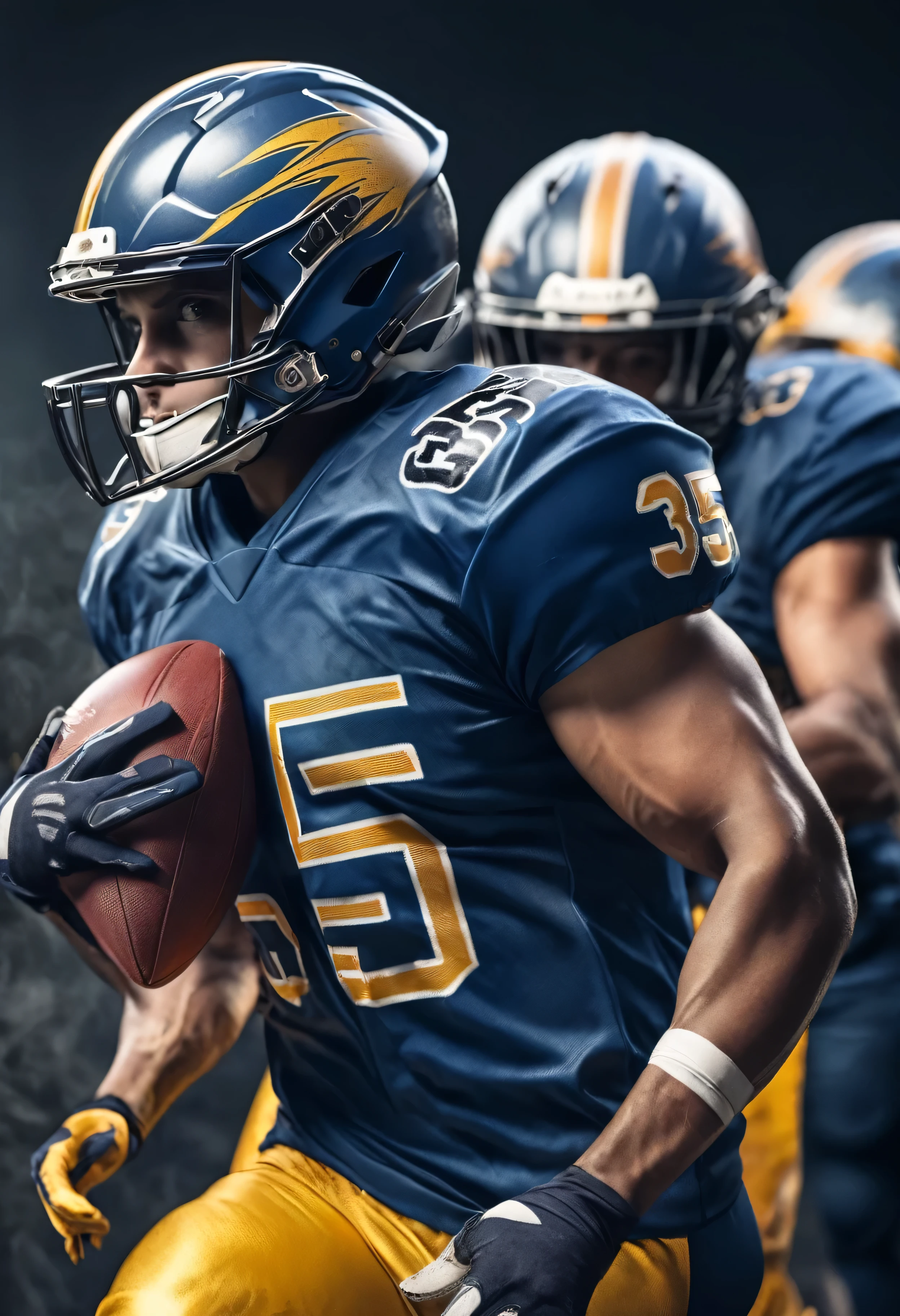 American football player with blue uniform, helmet, number 35 printed on the front of the shirt. with ball in hand at speed, close-up.