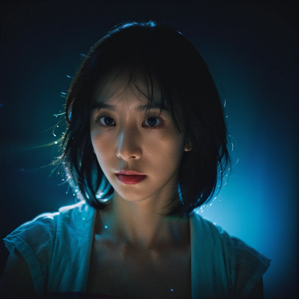 made full portrait unique photography with light and painting. Using Fluorescent materials to form abstract patterns that are implemented on the pretty japanese women face with dynamic pose. Phosphorescent materials store light and release it slowly. glow in the dark, prism rainbow effect, Ultra highly detailed, skin texture, detailed art, neon glow backround, Realistic Portrait by Arnau Mas
