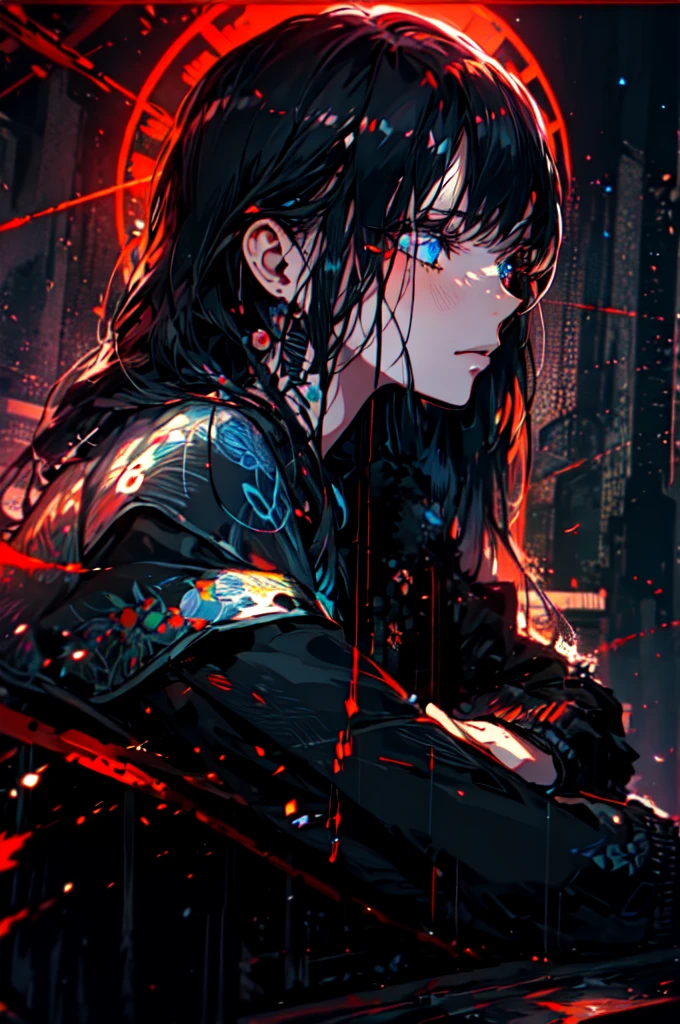 Beautiful hands, Beautiful dresasterpiece, (best quality:1.2), intricate details, ado, 1girl, multicolored hair, long hair, collared shirt, jacket, bangs, long sleeves, blue flower, (mature female:1.2), Ado, (dark blue hair, light blue inner), extra long hair, straight hair, blue eyes, slanted eyes, white inner shirt, (long black jacket, long black pants), (masterpiece, best quality:1.2), intricate details, ado, 1girl, multicolored hair, long hair, collared shirt, bangs, long sleeves, blue flower, (mature female:1.2), Stars and comets pass by in the open sky, Beautiful Clouds, A tree with glowing fireflies and butterflies々, (Ultra-realistic), {Highly detailed CG unit 8k wallpaper}, Vast landscape photography, (View from below with a panoramic view of the sky, vast open field vision), (Low angle shot), (Light: 1.5), (warm Light source: 1.2), Intricate details, (Rainbow colors: 1.2), (bright Lighting), (atimospheric Lighting), dream-like, Magic, fairy tale