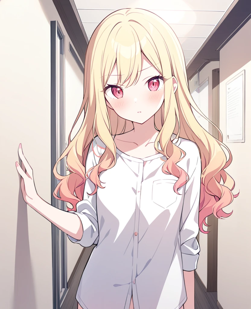 One girl,alone,Tenma Saki,Yellow Hair,Red Eyes,project sekai,long hair,cute,cute,nsfw,shirt,corridor,