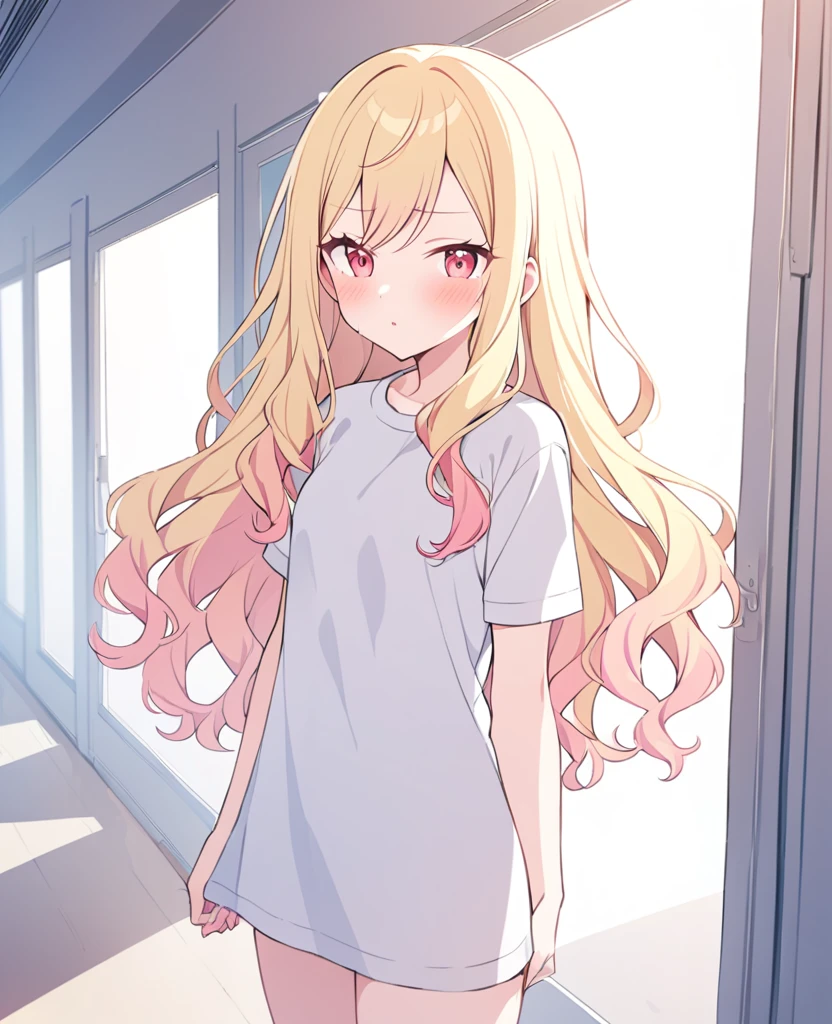 One girl,alone,Tenma Saki,Yellow Hair,Red Eyes,project sekai,long hair,cute,cute,nsfw,shirt,corridor,