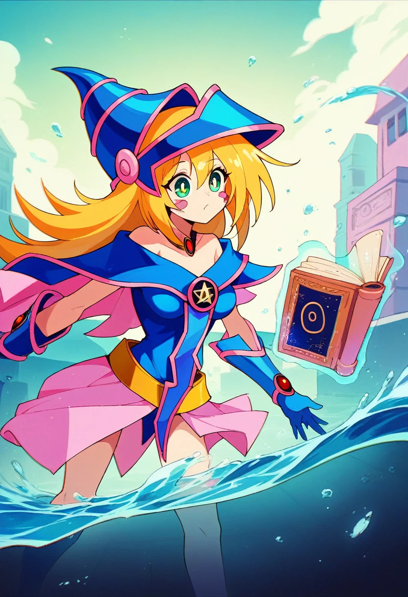 dark magician girl, masterpiece, Highest quality, (One girl), alone, (water), Long Hair, Blonde, Blue hat, magic使いの帽子, Casting a Spell, city, city:2, Motion Blur, Book, magic, (moonlight:1.2), chromatic aberration, Depth of written boundary, Soft lighting, Highly detailed face, Highly detailed eyes,